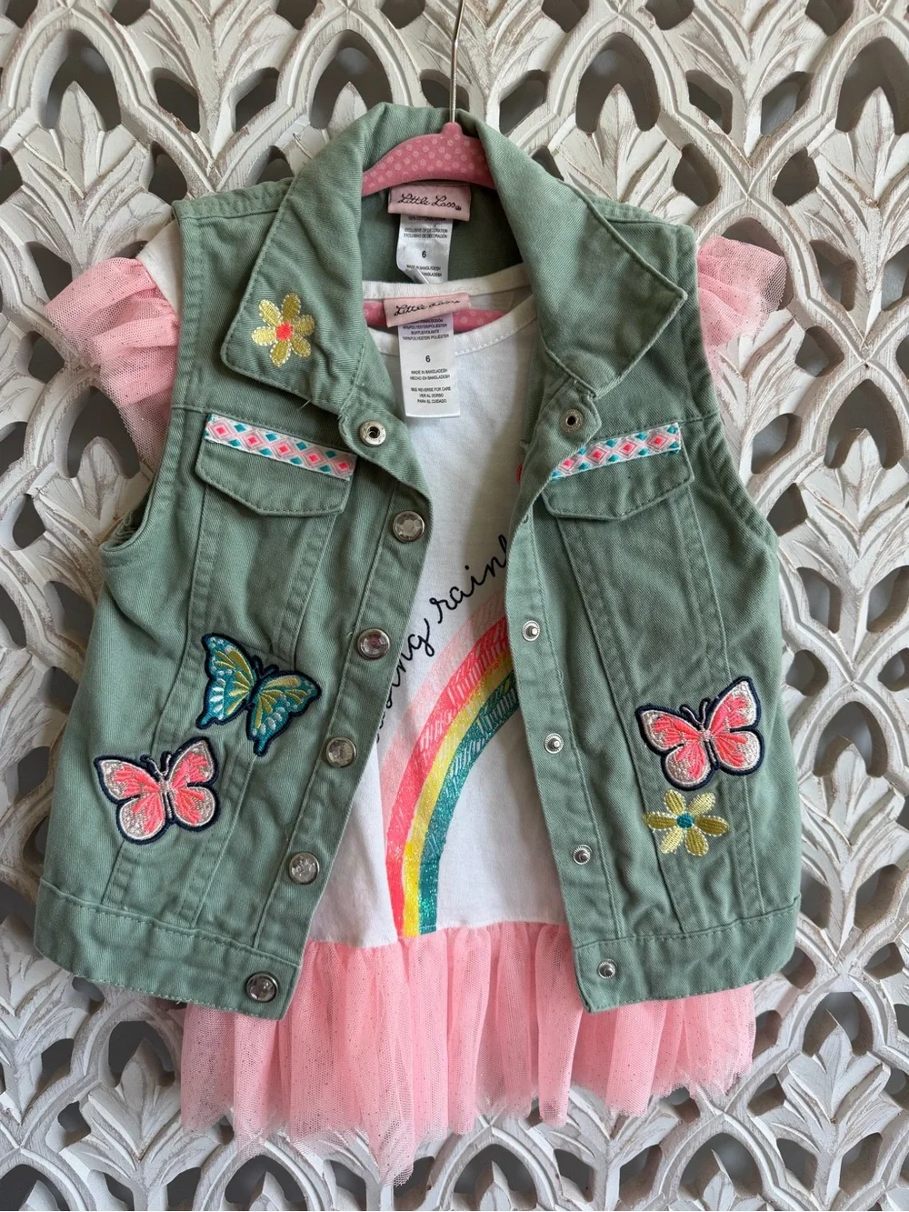 Little Lass Girls Size 6 Rainbow Tulle Top & Butterfly Vest Set